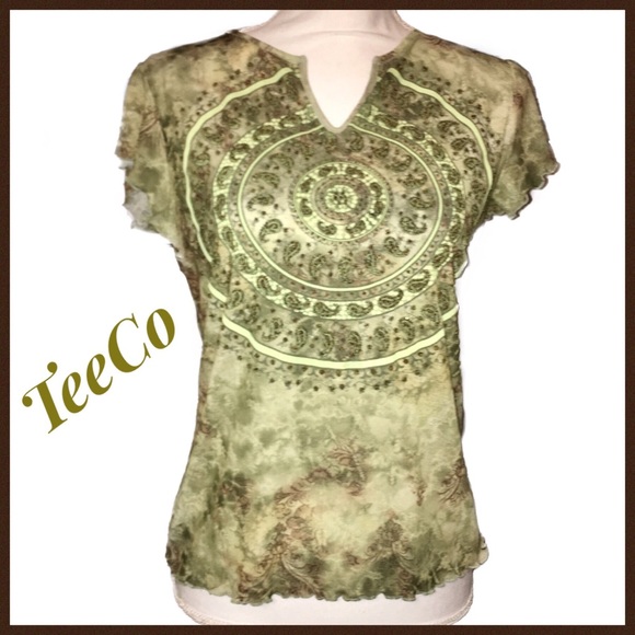 TeeCo Semi Sheer Green Beaded Tee Size M - Picture 1 of 5